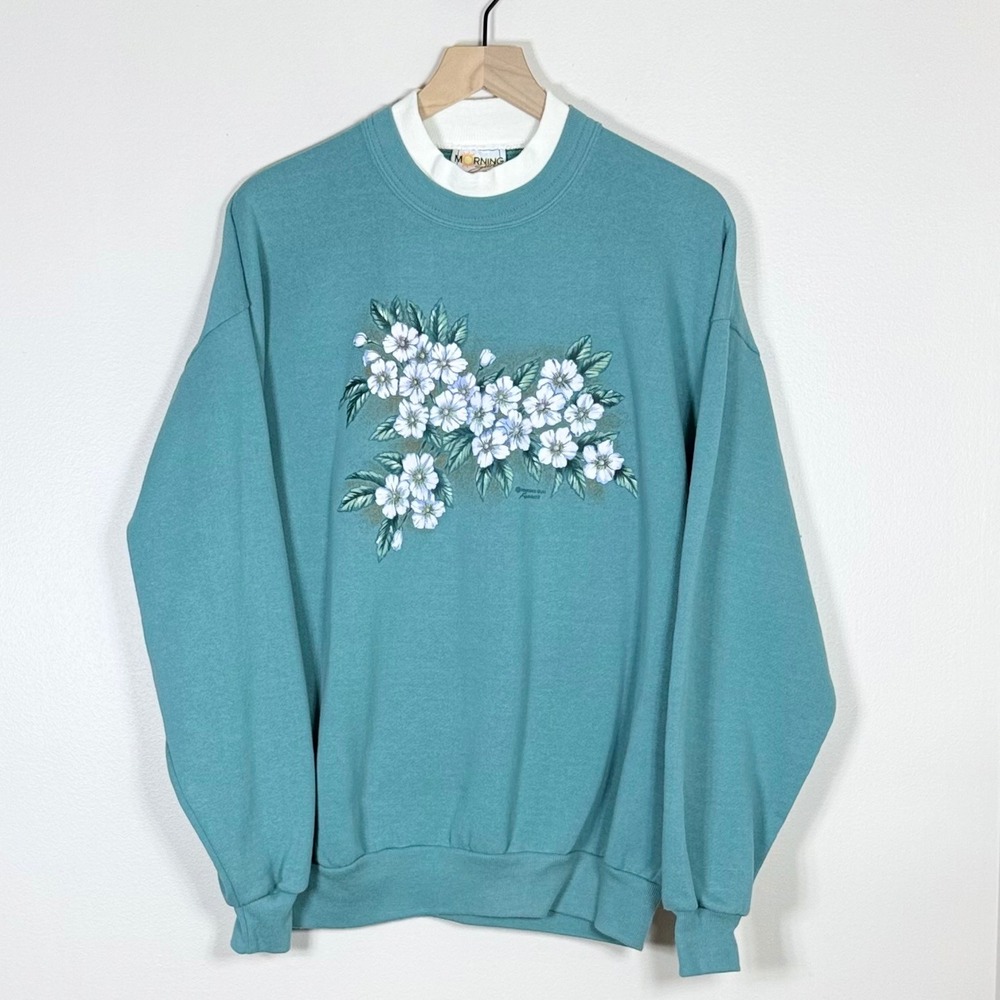 Vtg 90s Morning Sun Womens Layered Look Sweatshirt Size XL Teal Floral Grandma